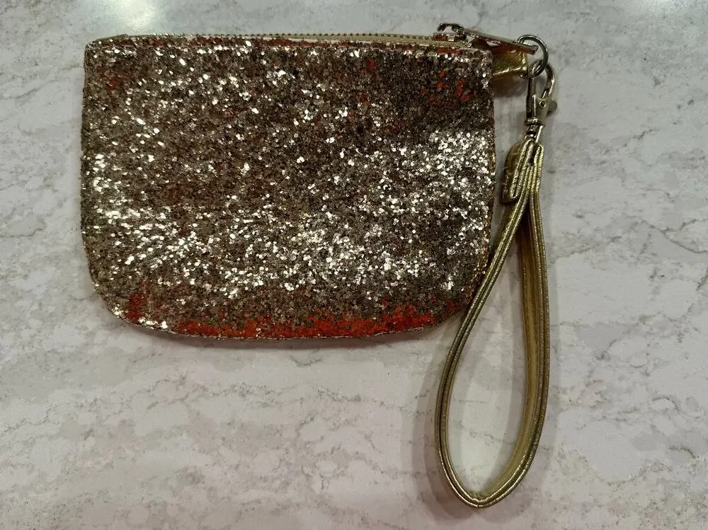 EUC Gold Glitter Wristlet Pouch Clutch, Sparkly Zip Top Metallic Gold